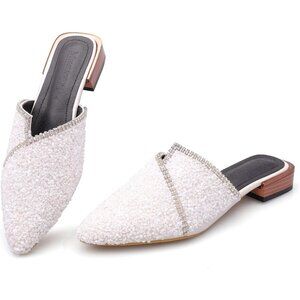 Women's White Flats Comfortable Soft Insole Pointed Cherry Rivet Mule Shoes